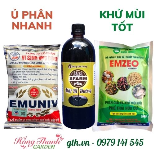 Combo Chế Phẩm Ủ Rác và Phân Bón + Khử Mùi Thối (1 Gói EMUVI 200g, 1 gói EMZEO 200g và 1 Chai Mật Rỉ Đường Loại 1 lit)