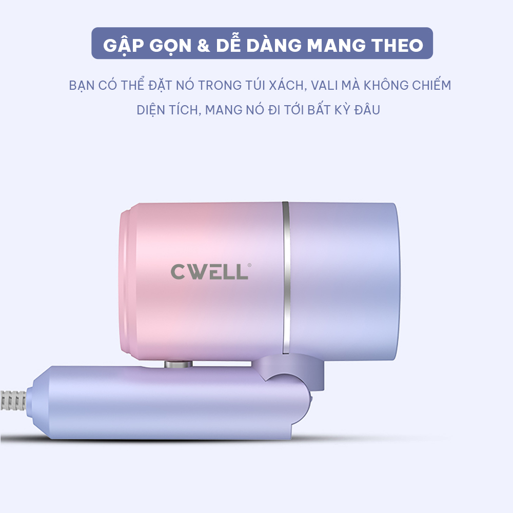 Máy sấy tóc mini CWELL gập gọn 2 chiều nóng lạnh, công nghệ ion âm hạn chế hư tổn, công suất 1200W C01HD 