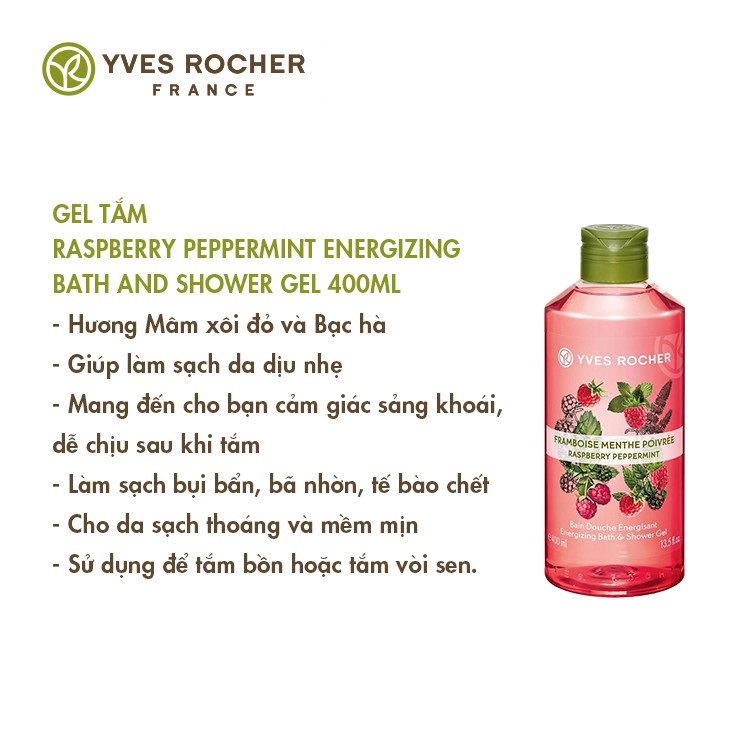 Combo Gel tắm Yves Rocher 400ml + Dưỡng thể Yves Rocher 390ml - Hương Mâm Xôi Đỏ Và Bạc Hà