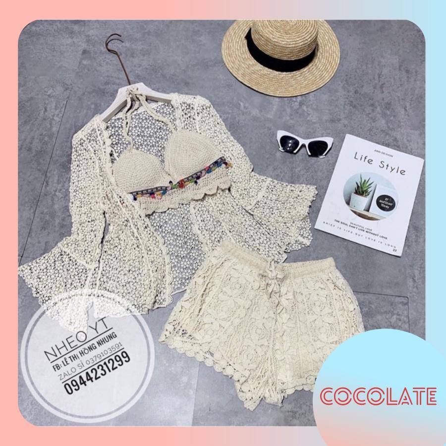 Set 3 Món Đi Biển️ Set Bikini Kèm Choàng Ren Siu Hót- Hàng QC