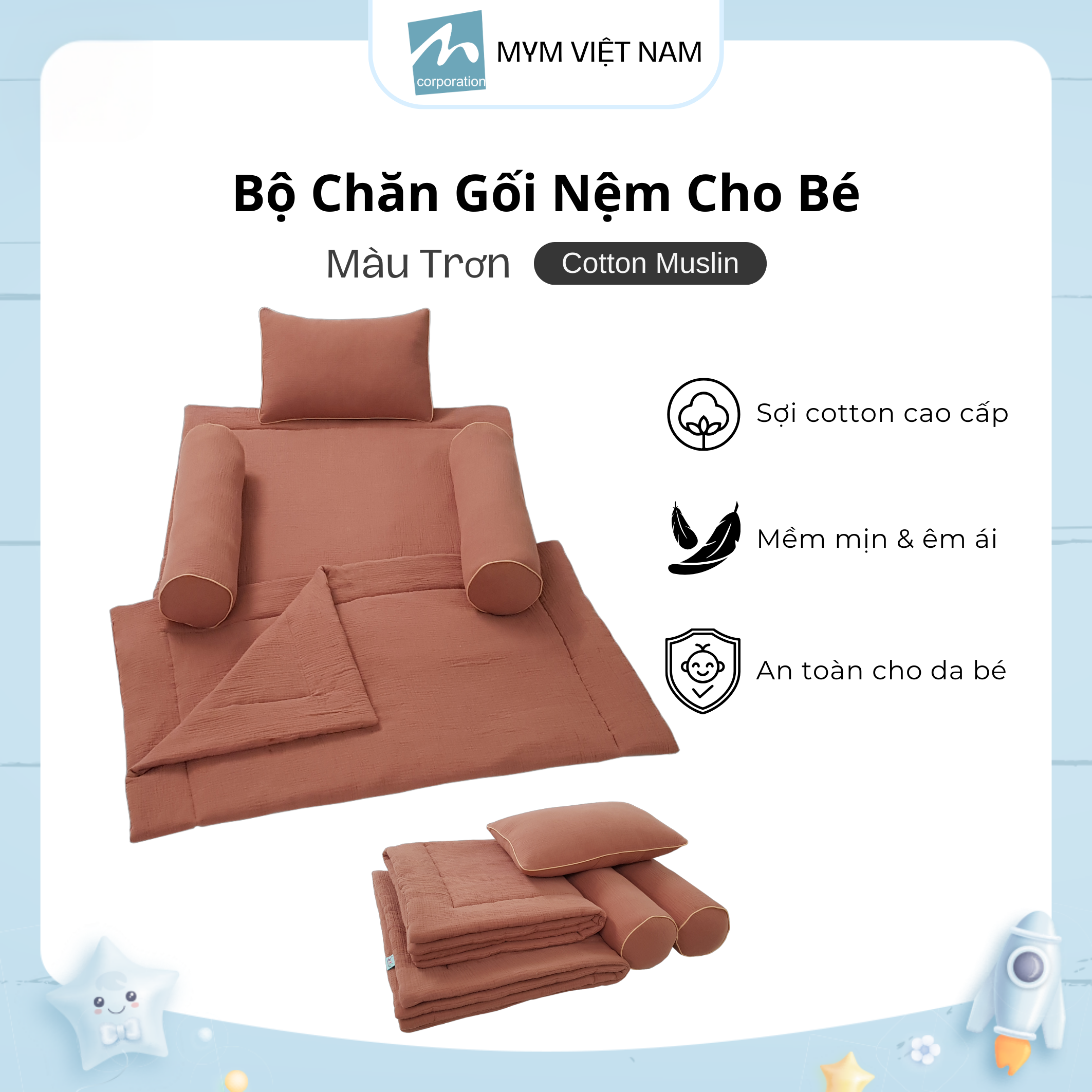 Bộ chăn gối cho bé MYM vải xô Muslin cao cấp thoáng mát thấm hút tốt an toàn cho làn da của bé