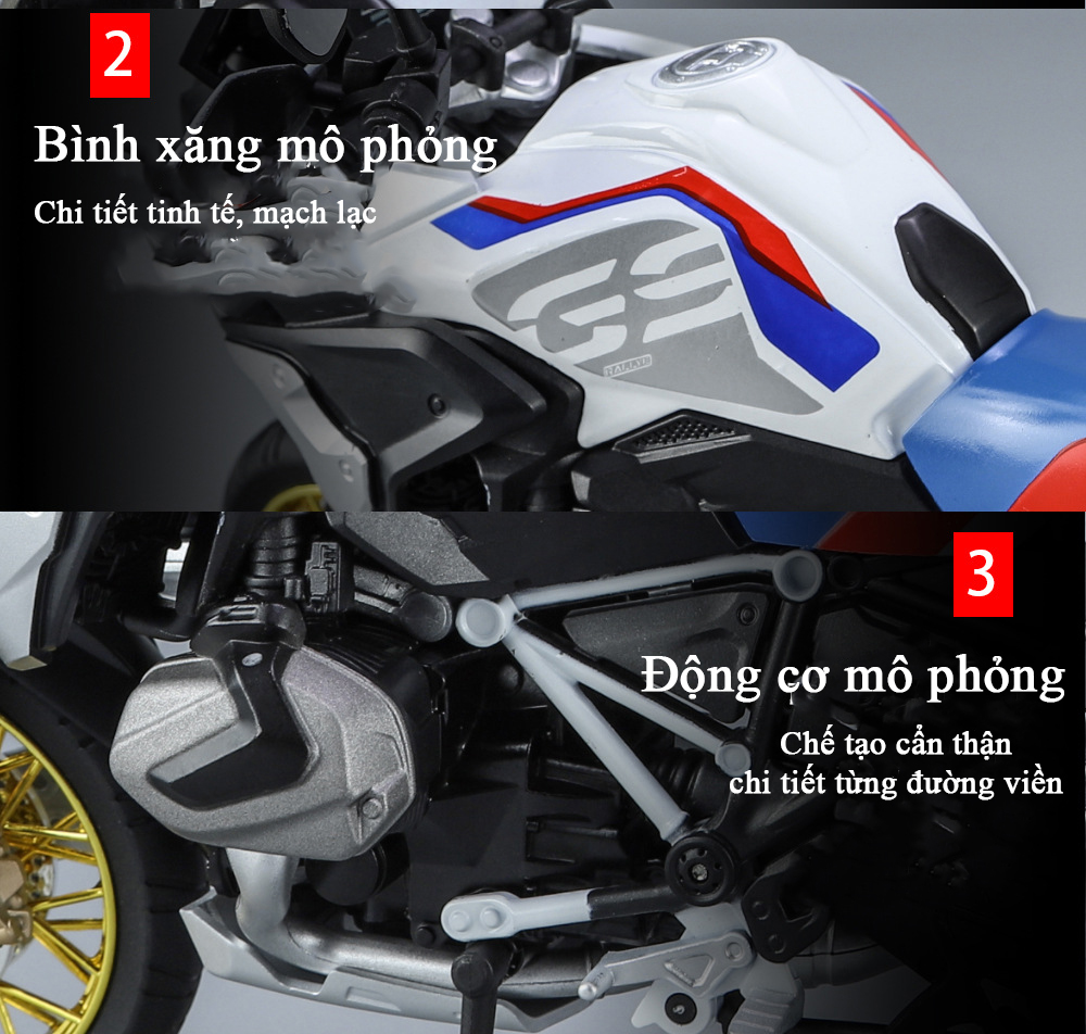 Mô hình xe mô tô BMW R1250GS tỷ lệ 1:9 có nhạc và đèn bằng hợp kim kèm 3 thùng capo