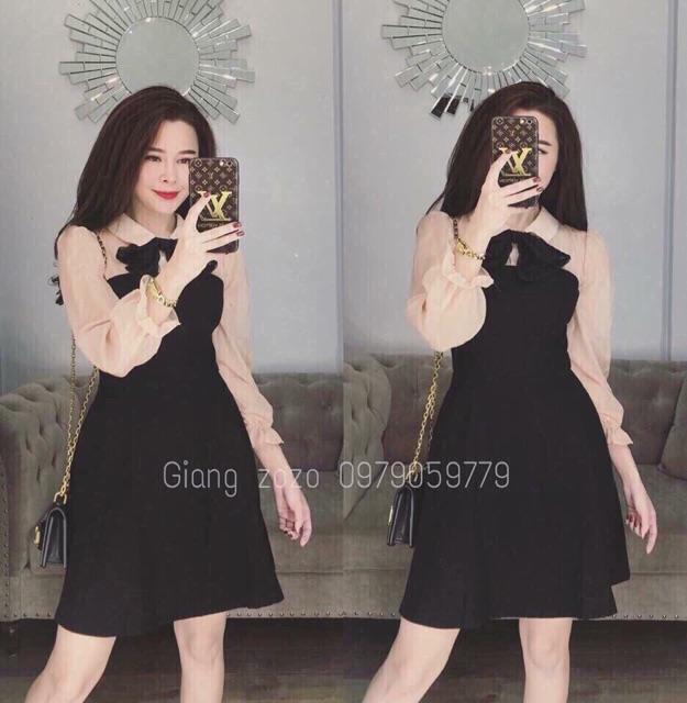 Set đầm váy mẹ bé cổ nơ