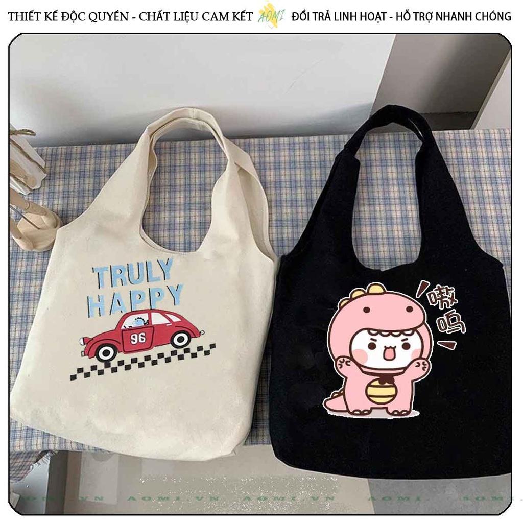 TOTE CANVAS hoat hình khủng long cute FORM TRÒN TÚI VẢI ĐEO VAI BAG NÚT BẤM SIZE LỚN AOMIVN DU LỊCH DẠO PHỐ CÁ TÍNH