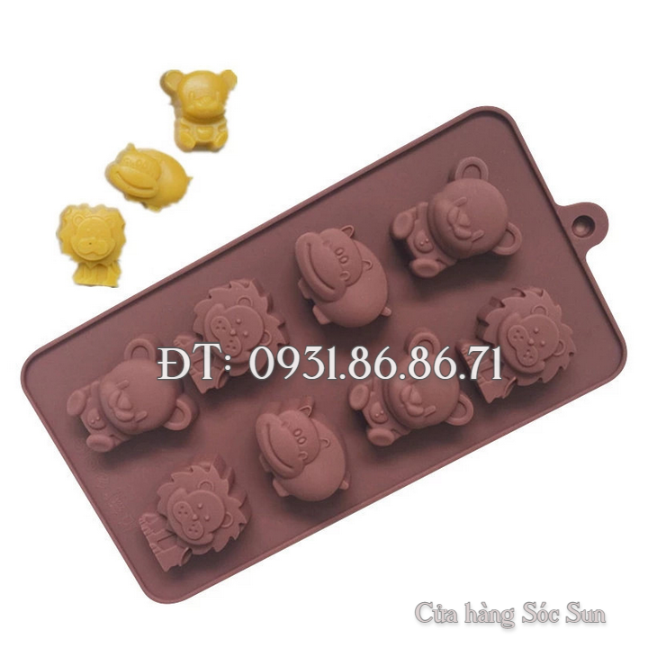 Khuôn silicon 8 con hà mã, sư tử, gấu – Mã số 1435