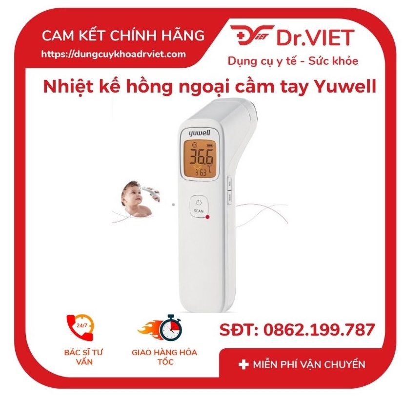 Nhiệt kế hồng ngoại cầm tay Yuwell YT-1 chính hãng nhập khẩu và phân phối chính ngạch đảm bảo chất lượng màn hình LCD, hiện thị chữ rõ ràng, cho kết quả nhanh chỉ sau 1s-2s - Drviet