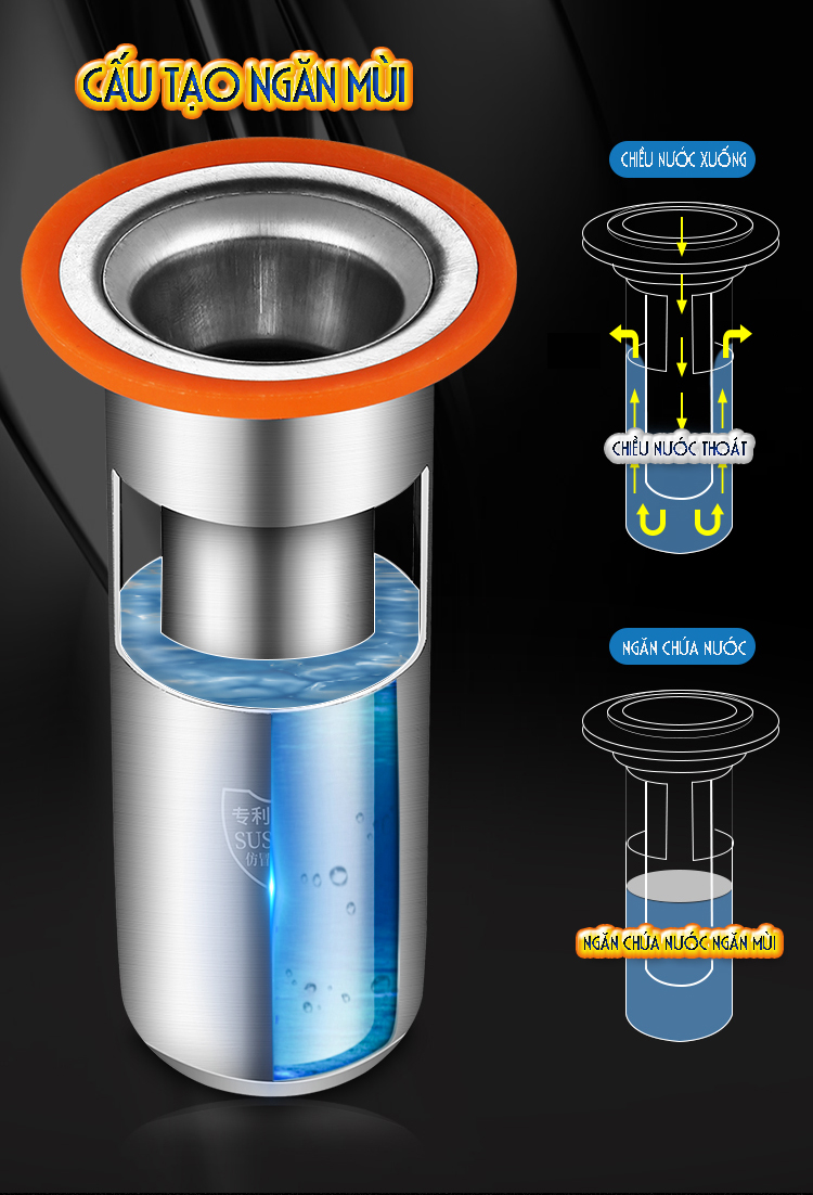 Phễu ga thoát sàn ngăn mùi, vi khuẩn, côn trùng trào ngược lên INOX SUS 304, lõi đồng, MIHOCO 183