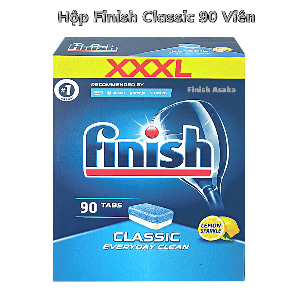 Combo rửa bát Finish: Nước làm bóng chai 750ml, Hộp Classic 90 viên, Muối hộp 1,5kg - Chính hãng.