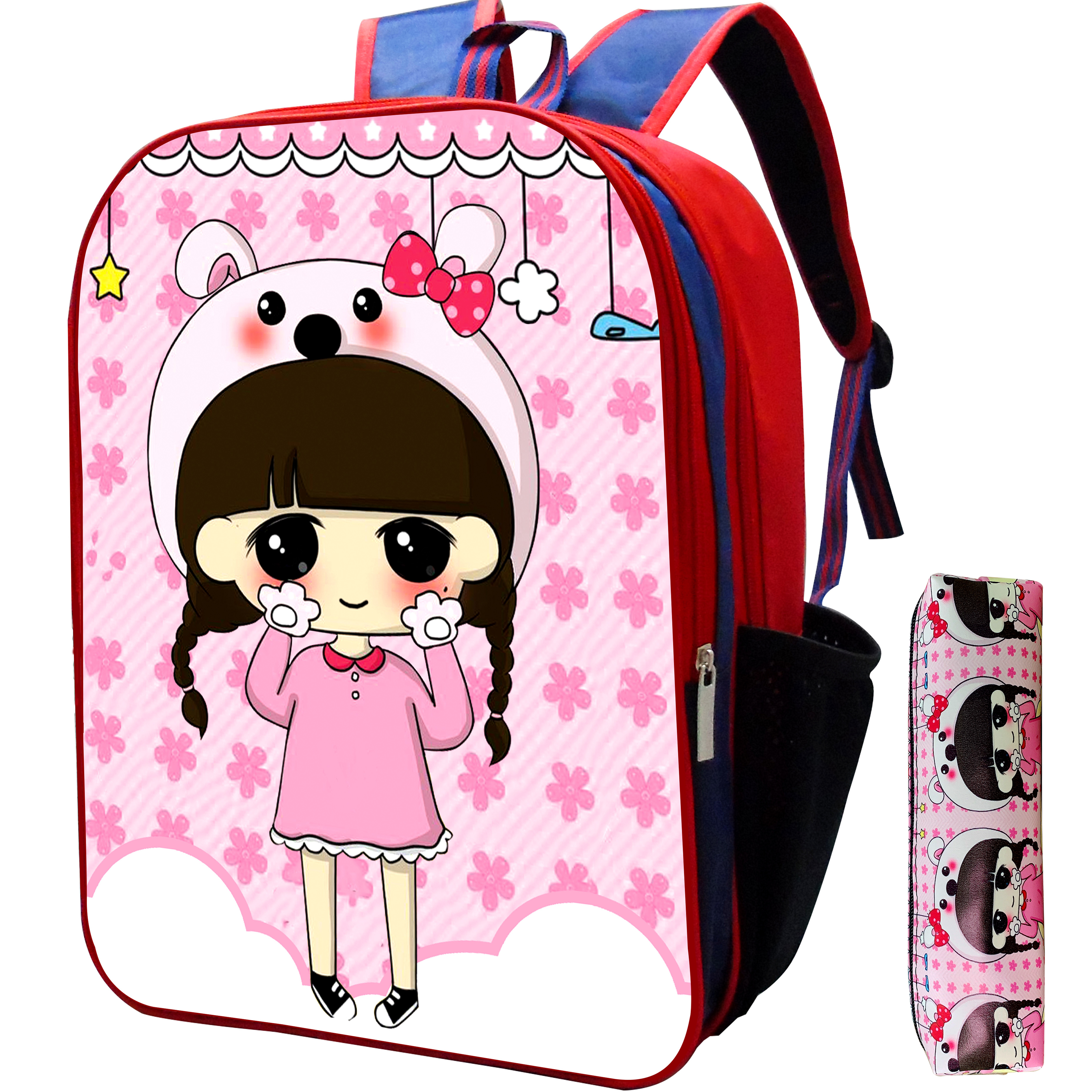 Balo 2 Tầng Cấp 1 Cho Bé Gái Hình Chibi Màu Hồng Phấn MH2T104 Tặng Kèm Hộp Bút Chibi Màu Hồng Phấn