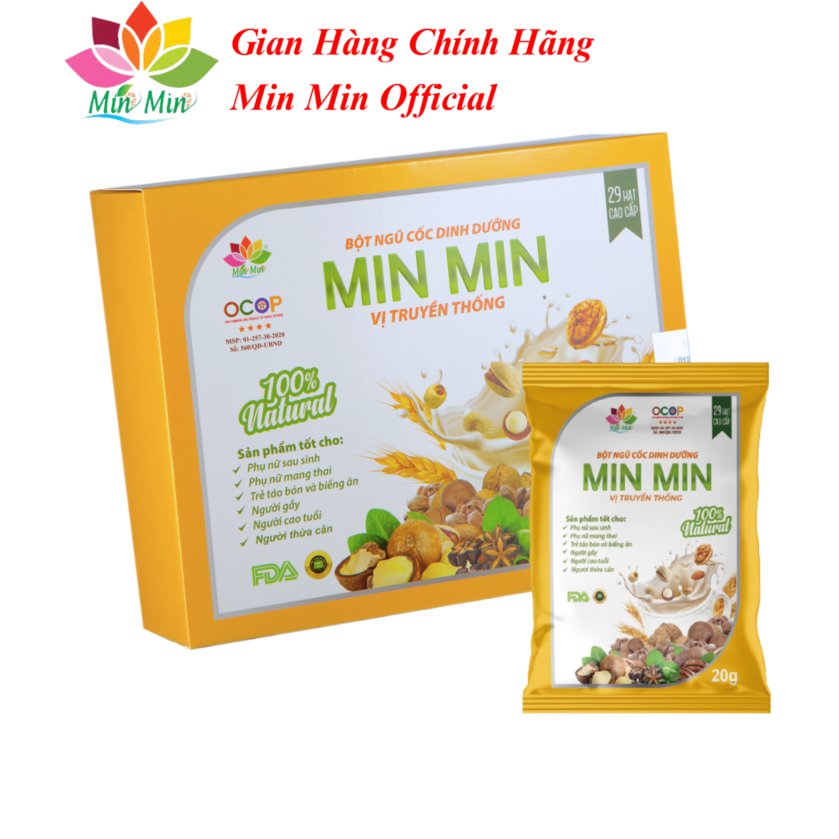 Ngũ Cốc Lợi Sữa Cao Cấp Min Min 29 Hạt - Ngũ Cốc Dinh Dưỡng Mẹ Bầu Dạng Gói  1 hộp 25 gói x20gam (1H/500g)