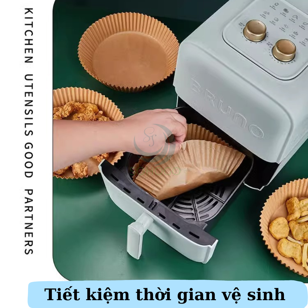 Set 50 Miếng Giấy Lót Nồi Chiên Không Dầu, miếng lót nướng không dính thấm dầu hình tròn đa năng V0060