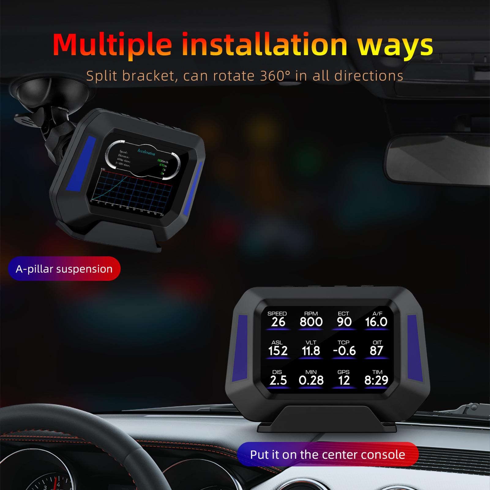 Trip Computer P21 HUD Car Gauge, OBDⅡ Diagnostic and Slope Meter Speedometer Safe Driving Computer Overspeed Alarm