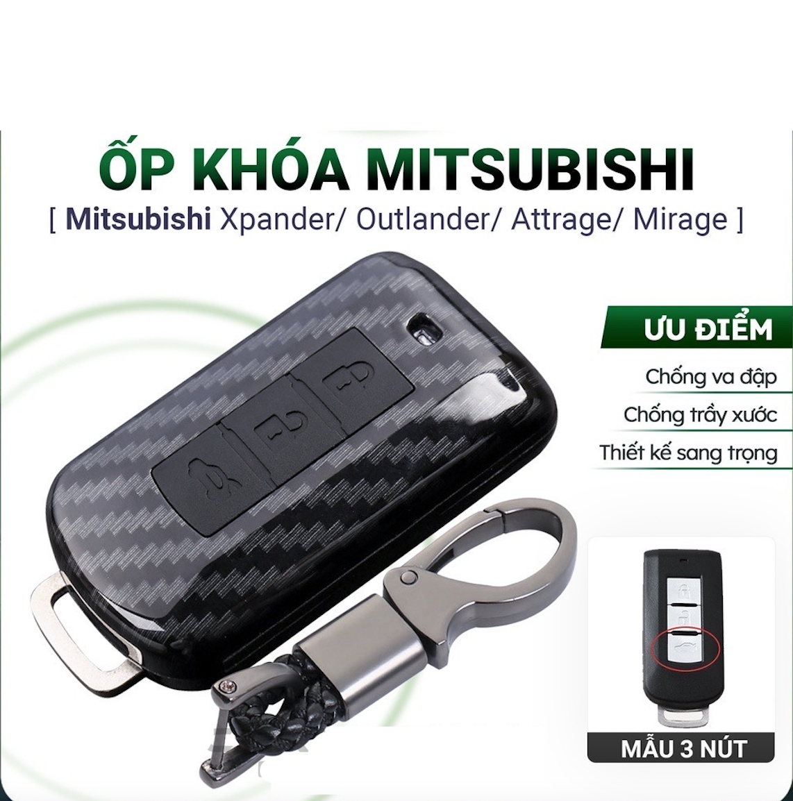 Ốp cacbon bao chìa khóa Mitsubishi Xpander, Outlander, Attrage, Mirage- có lớp silicon