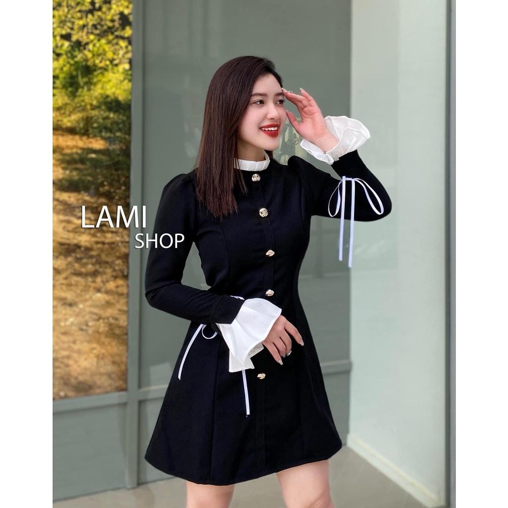 Đầm váy nữ tay dài phối bèo, cổ tròn đính nút form dáng xòe sang chảnh dành cho các nàng đi dự tiệc, dạo phố