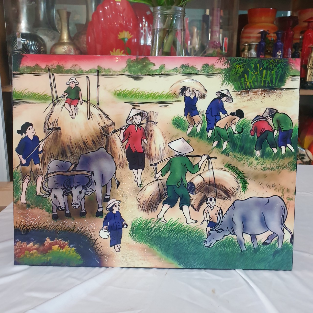 Tranh sơn mài đồng quê vẽ màu đẹp Thanh Bình Lê, hàng xuất khẩu 30x40 cm