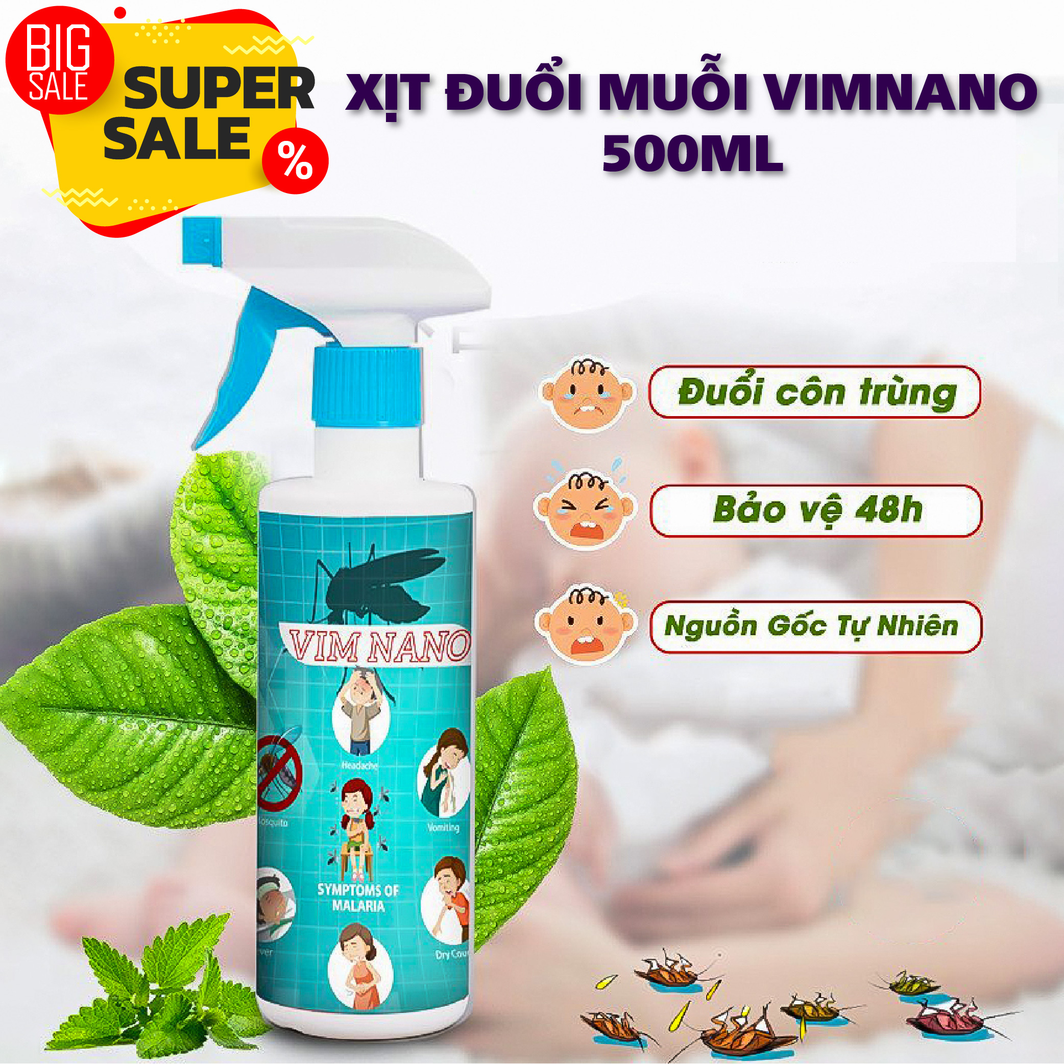 Bình Xịt Đuổi Côn Trùng Vim Nano - Đuổi Ruồi, Muỗi, Côn Trùng Gây Hại, Mùi Hương Thảo Mộc, Dễ Chịu Chai 500ml