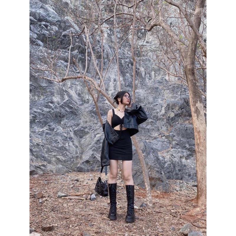 Áo Khoác Croptop Bomber Da Dài Tay Cúc Bấm Màu Đen So Hot
