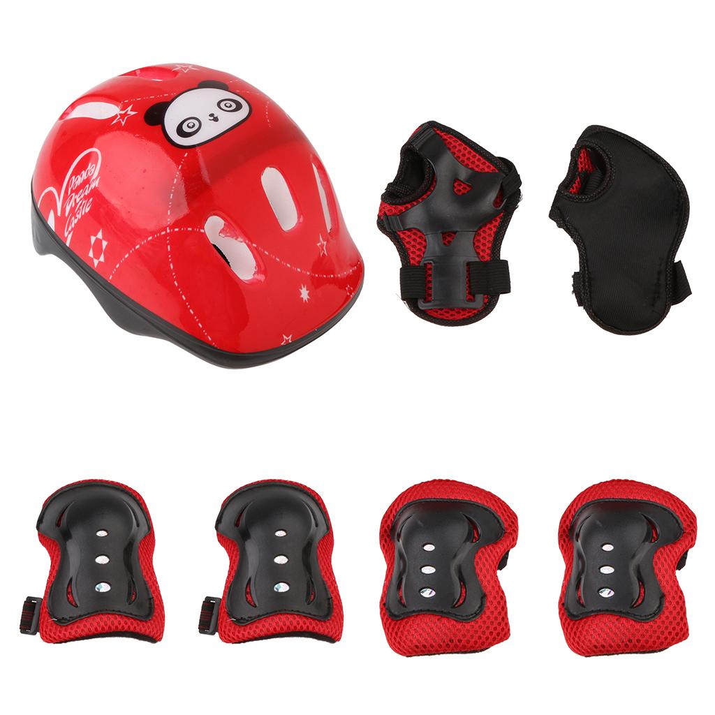 7 Pcs Kids Roller Skating Bicycle Helmet Knee Wrist Elbow Pad Pink
