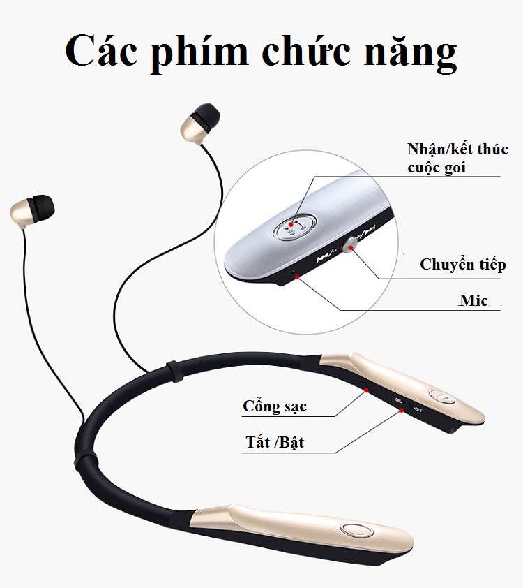 Tai Nghe Thể Thao Bluetooth BHS900S, Thiết Kế Đeo Cổ Và Nhét Tai, Âm Thanh Sống Động.