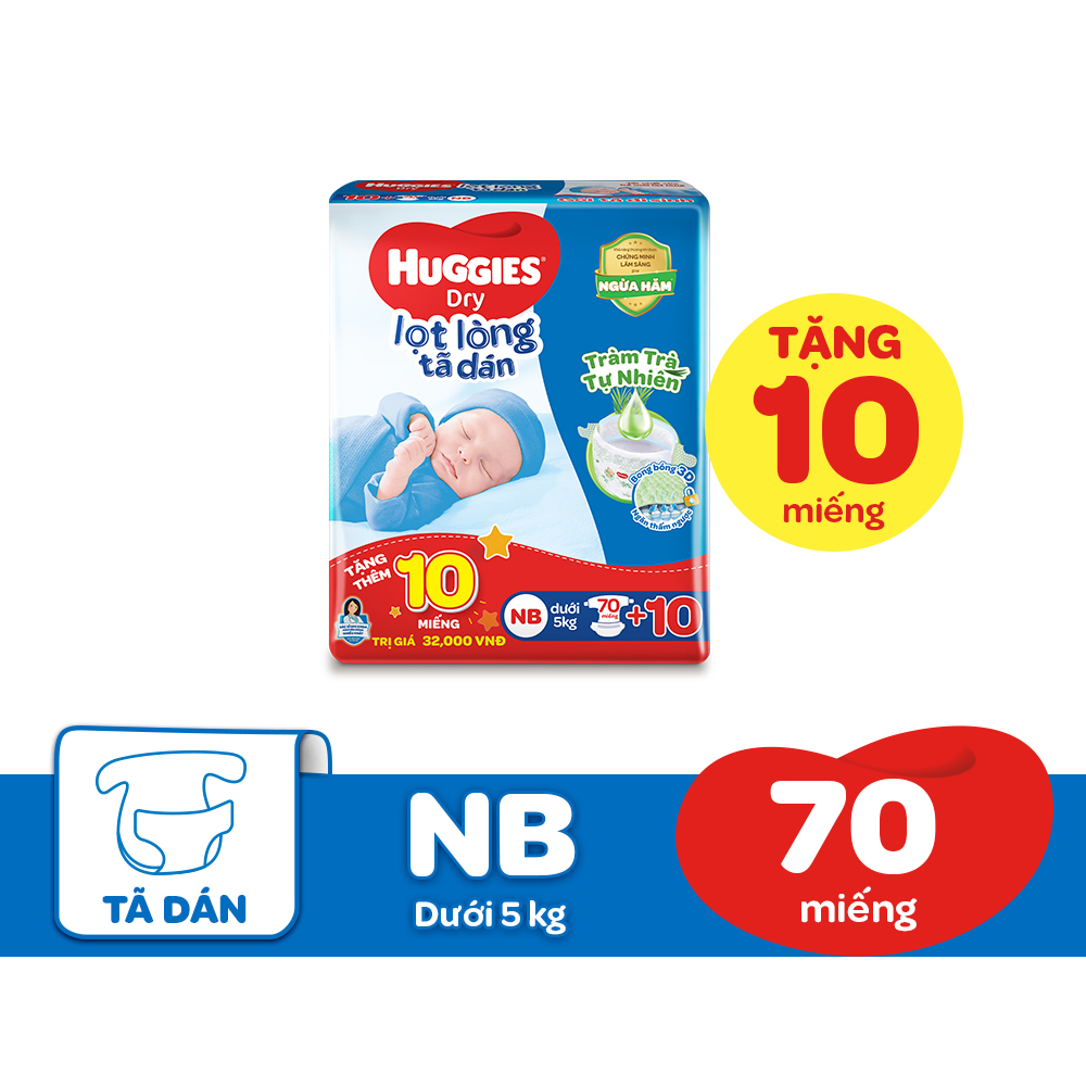 Tã dán sơ sinh Huggies Tràm Trà Tự Nhiên NB70(dưới 5kg) - Gói 70 miếng + Tặng 10 miếng