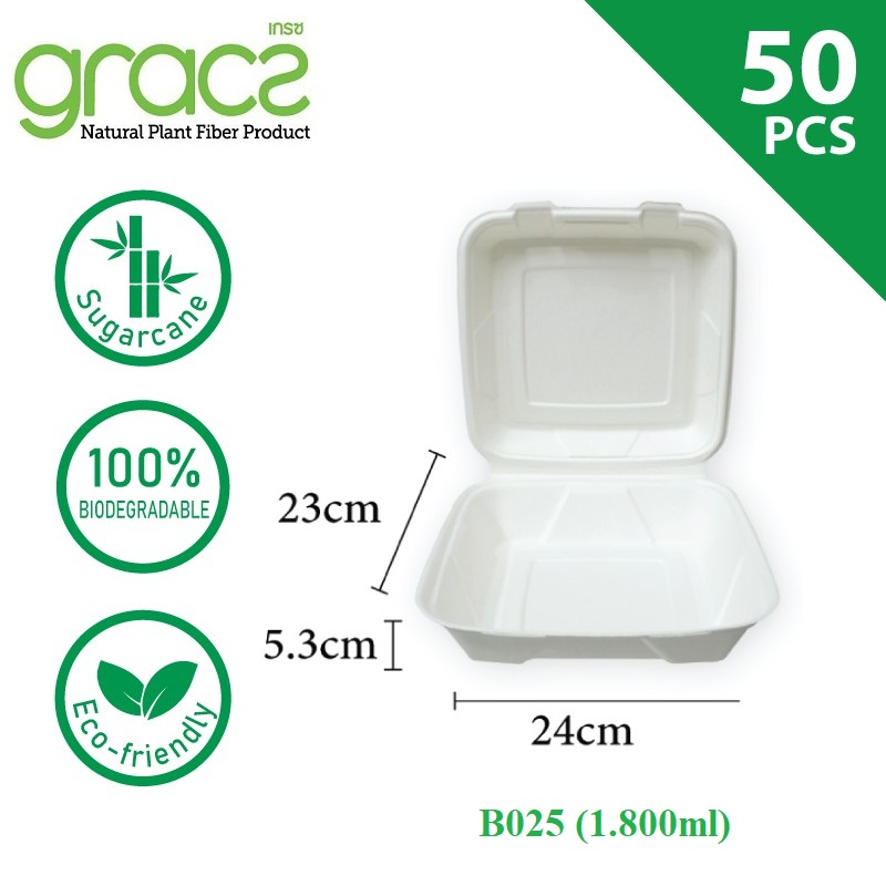 Combo 50 cái Hộp giấy bã mía Thái Lan Clamshell 9 inch 1.800ml - thương hiệu Gracz