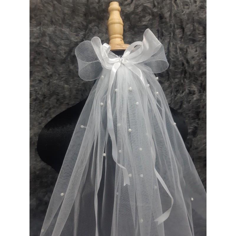 Mẫu voan lup cô dâu 60cm đính hạt trai nơ lưới chất liệu voan Mỹ hàng thủ công Sài Gòn mẫu voan cô dâu mới 4/2021 Giang