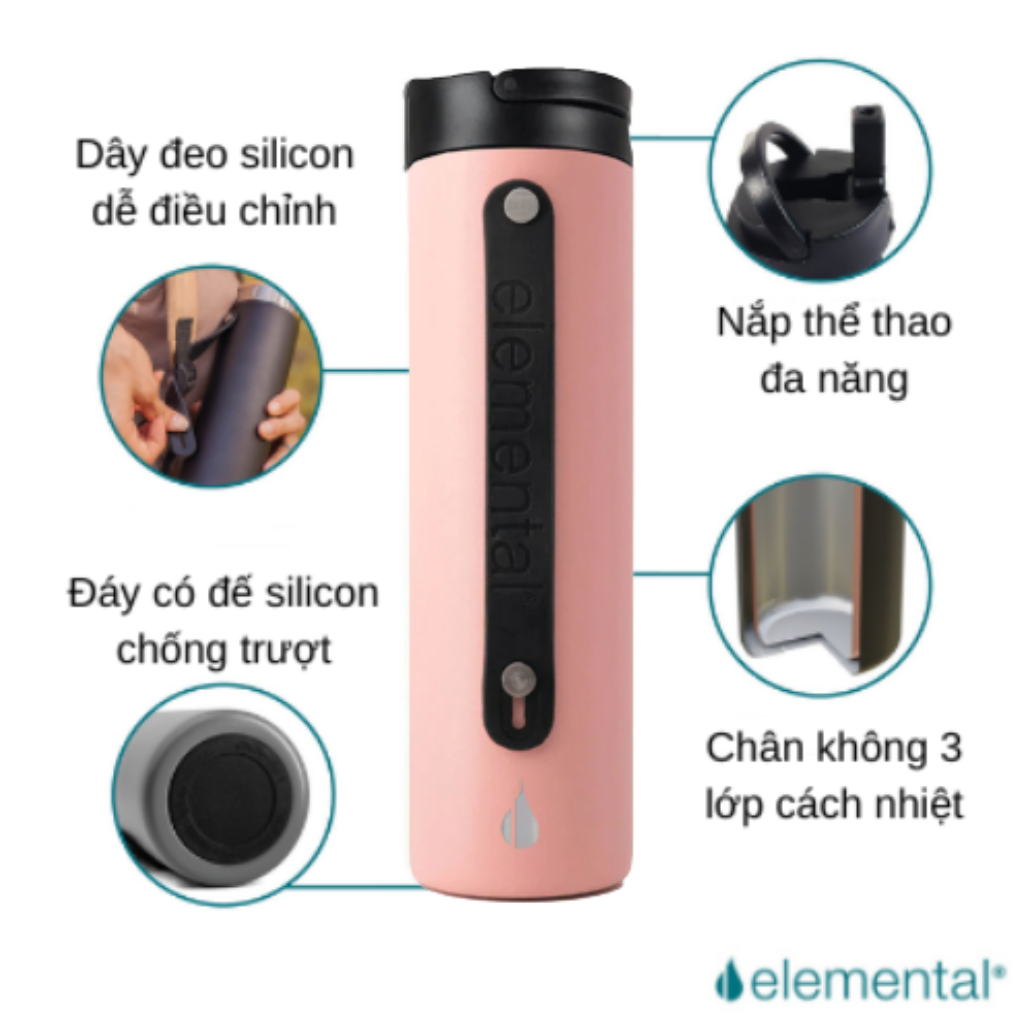 Bình giữ nhiệt Elemental Iconic sport màu hồng 590ml, giữ nhiệt vượt trội, inox 304, FDA Hoa Kì, An toàn sức khỏe, có ống hút