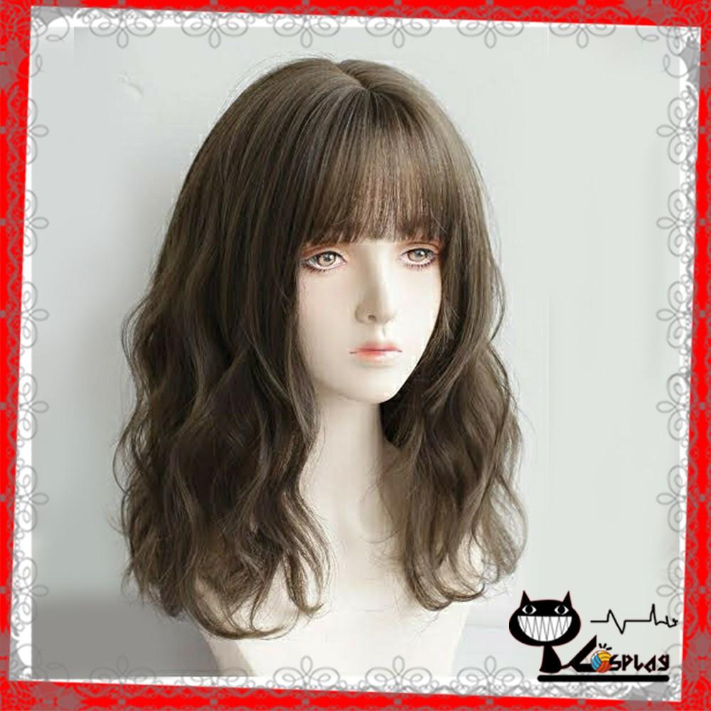 Wig teen/lolita/cosplay màu đen, nâu tây lưới hoa YK60 - nguyên đầu xoăn sóng ngắn