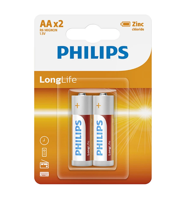 Vỉ 2 Viên Pin Kẽm Philips AA R6L2B - Hàng chính hãng