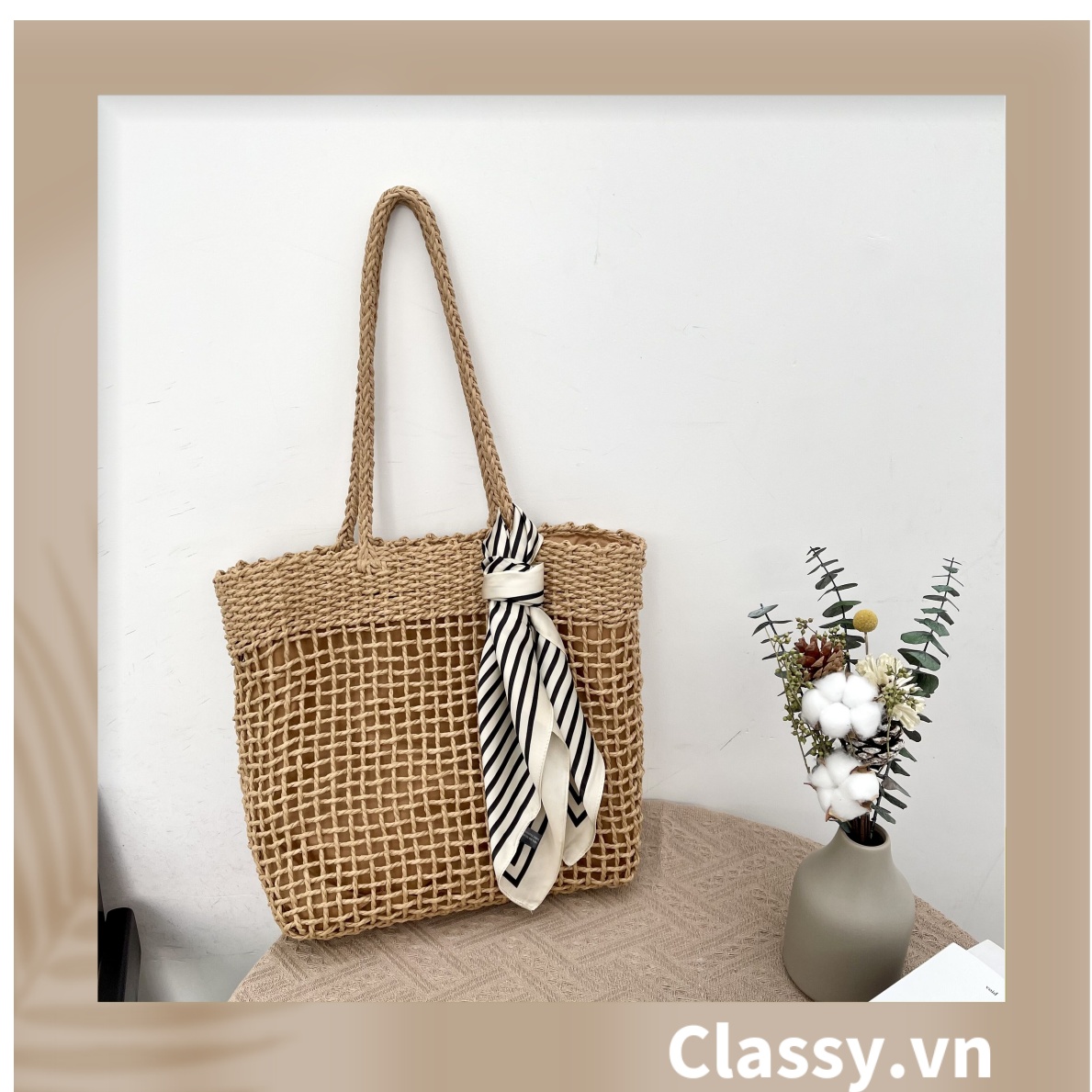 Túi cói Classy hình thang thời trang, thích hợp đi biển, đi dạo, đi chơi T1073