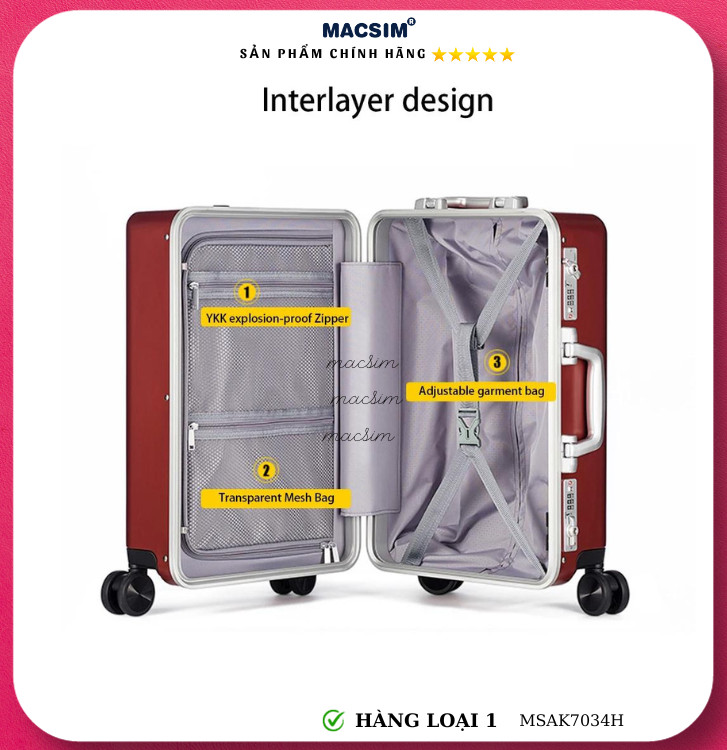 Vali cao cấp Macsim Aksen hàng loại 1 MSAK7034H cỡ 20 inch- màu đỏ