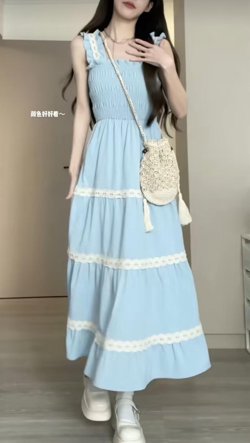 SHUANGYAN Phong cách Pháp lãng mạn thiết kế ren dây đeo váy nữ dây đeo khí chất hiển thị gầy váy đen+cardigan hai bộ