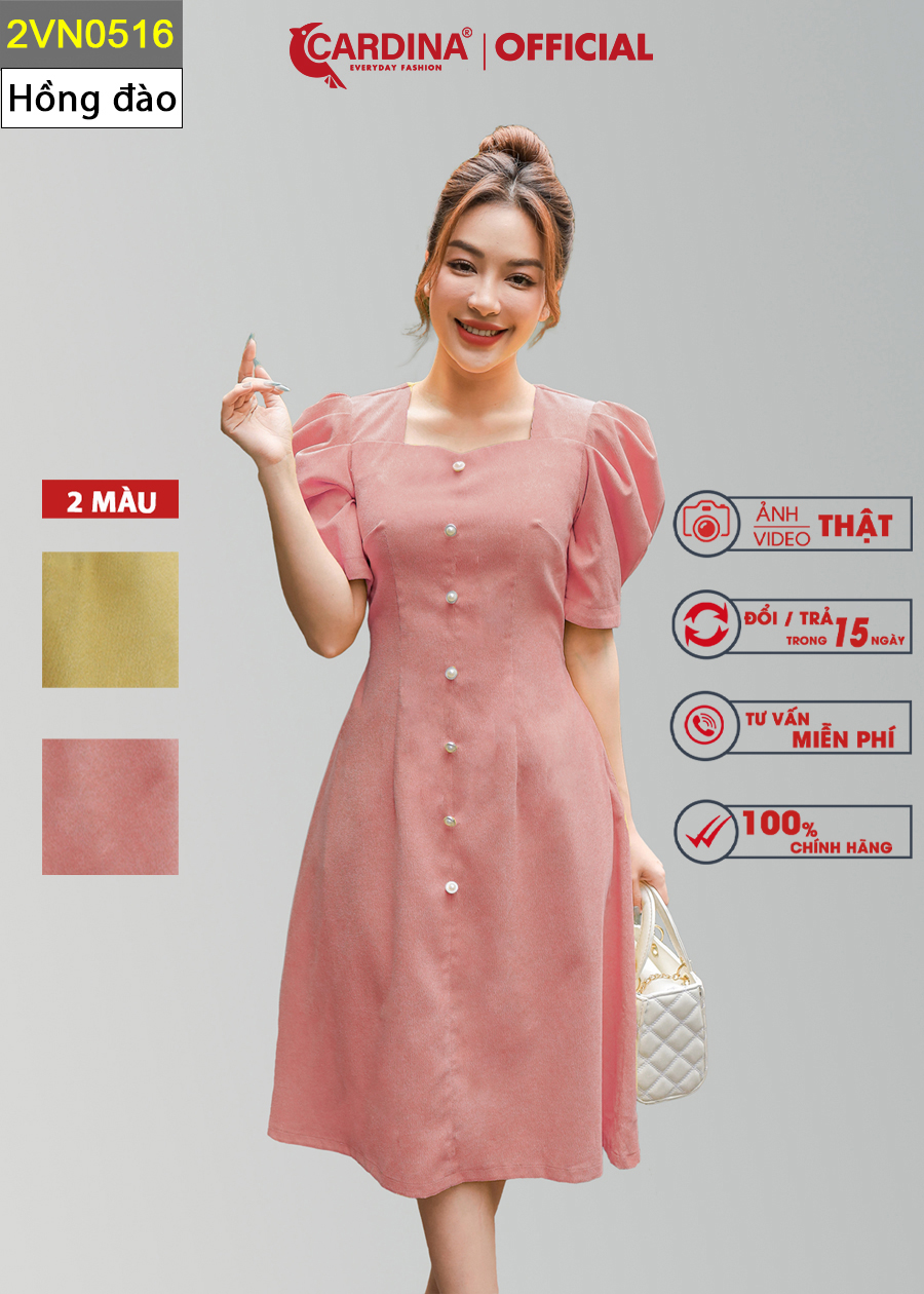 Đầm Nữ CARDINA Váy Công Sở Chất Nhung Tăm Cao Cấp Dáng Xòe Chữ A Cổ Vuông Tay Bồng Tôn Dáng Sang Trọng 2VN05