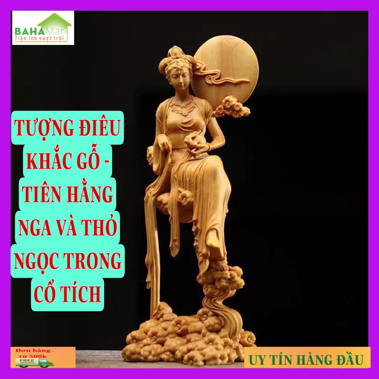TƯỢNG ĐIÊU KHẮC GỖ - TIÊN HẰNG NGA VÀ THỎ NGỌC TRONG CỔ TÍCH "BAHAMAR" Chất liệu gỗ chắc chắn, chất lượng cao và bảo vệ môi trường, tay nghề tinh tế và chất lượng cao.