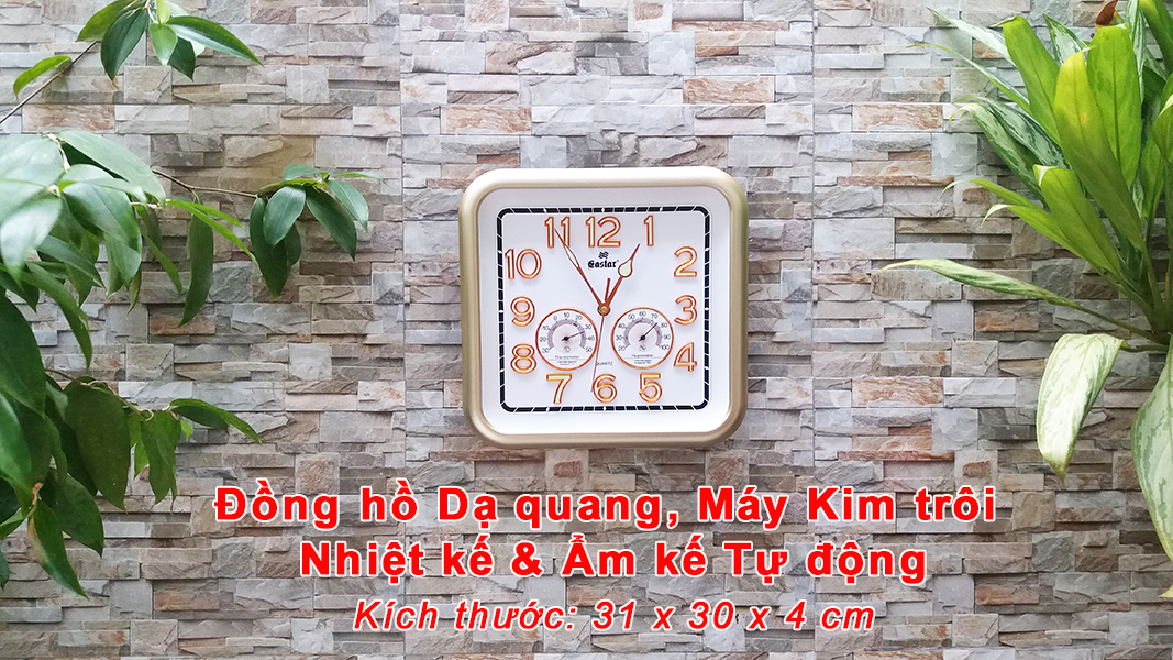 Đồng Hồ Treo Tường EASTAR Cao Cấp Có DẠ QUANG Và NHIỆT ẨM KẾ CƠ (Không Dùng Pin) - Máy Kim Trôi - SỐ NỔI 3D - Hình Vuông Mặt Trắng - Tặng Pin Maxell