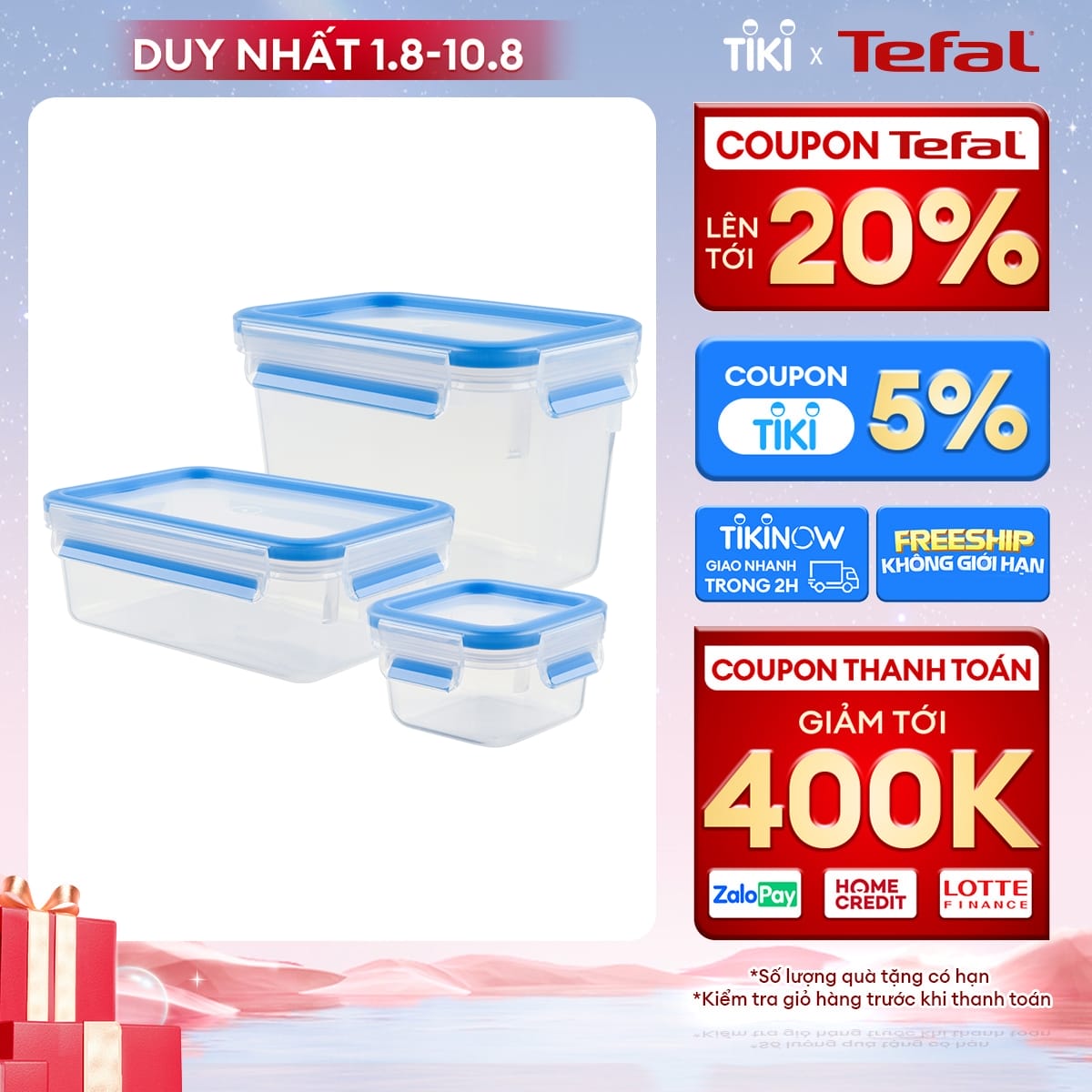 Bộ 3 hộp bảo quản thực phẩm nhựa Tefal Masterseal Fresh (200ml, 1000ml, 1100ml) - Hàng chính hãng