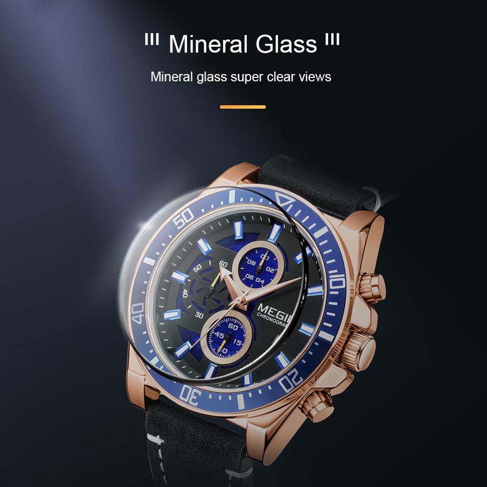 Đồng hồ đeo tay nam Quartz  MEGIR Analog Chronograph có lịch 3ATM Mặt số phát sáng không thấm nước thời trang - Dây đeo màu đen & Vỏ đồng hồ màu bạc