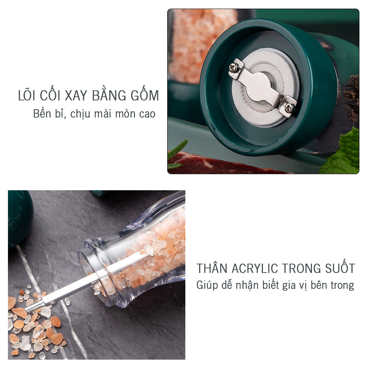 Lọ xay hạt tiêu cao cấp vỏ trong suốt (GA14), dụng cụ xay muối hồng gia vị cho gia đình và nhà hàng