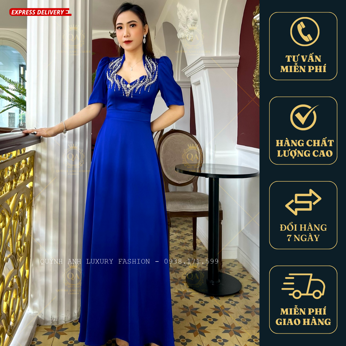 Váy Đầm Dạ Hội Nữ Hoàng Xanh Coban Đính Đá Pha Lê Rosaleen Dress