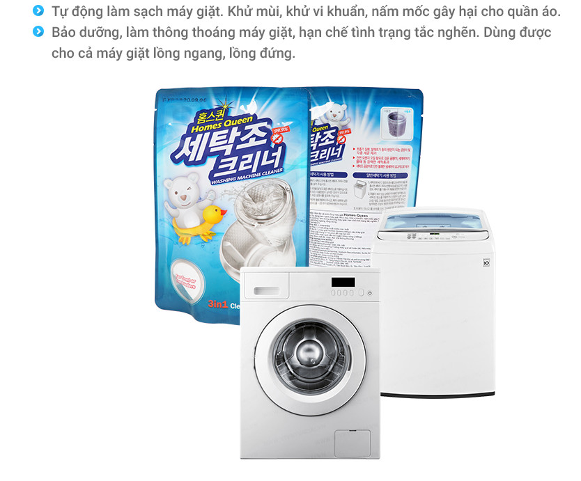 Bộ 4 gói tẩy vệ sinh máy giặt Homes Queen Hàn Quốc (400g/gói): Tẩy sạch vi khuẩn, cặn can xi, nấm trong máy giặt