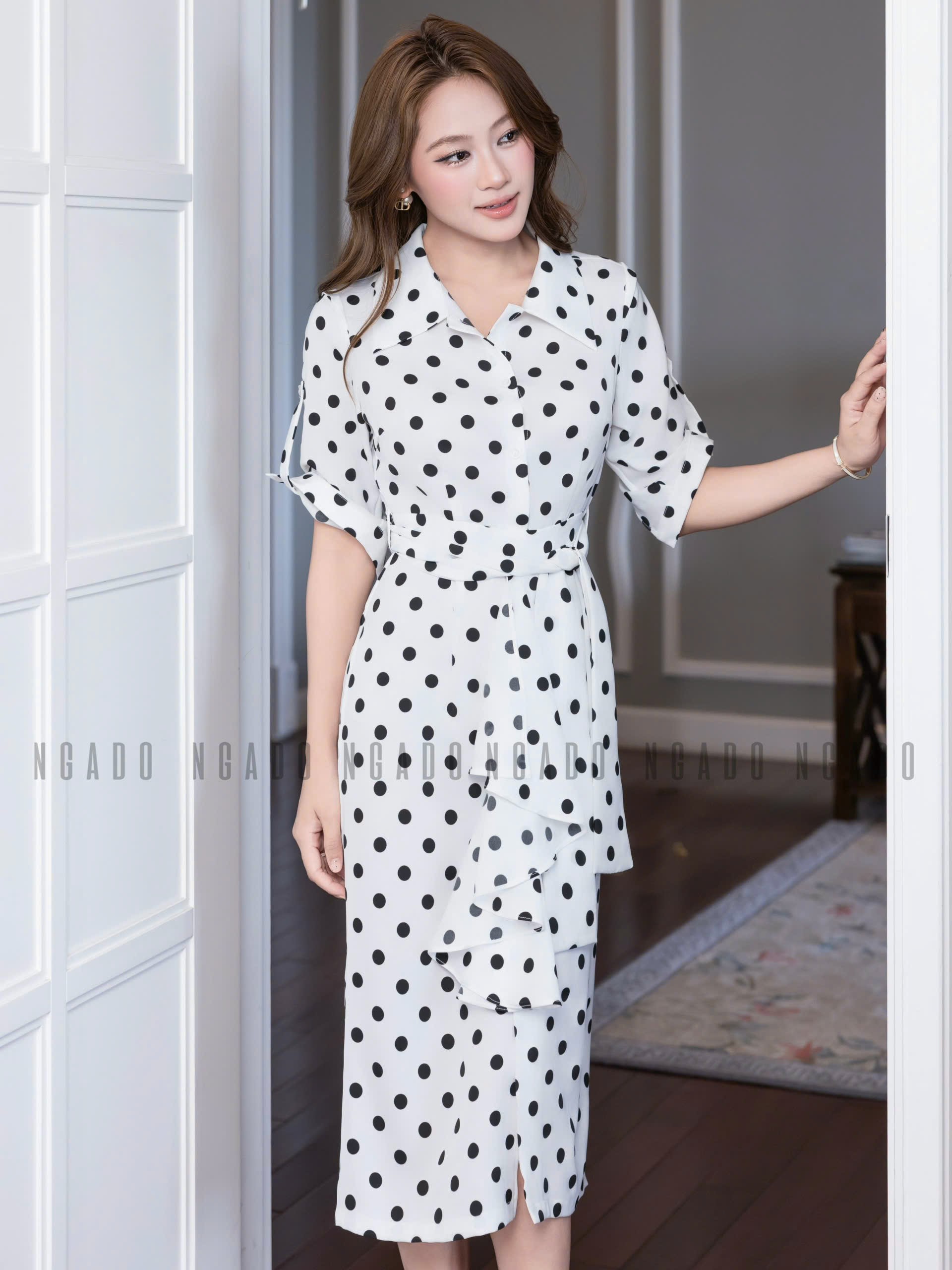 Đầm sơ mi chấm bi tay lửng NGADO , đầm sơ mi , đầm chấm bi , đầm kiểu