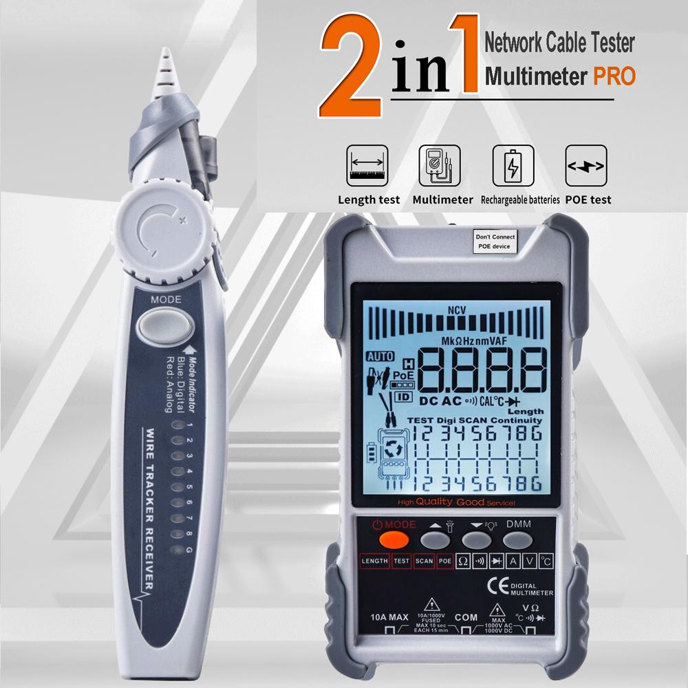 Handheld Portable 2in1 Network Cable Tester Multimeter LCD Display with Backlight Analogs Digital Search POE Test Cable Pairing Sensitivity Adjustable Network Cable Length Short Open Circuit Measure Trackers Multifunctional Cable Tester