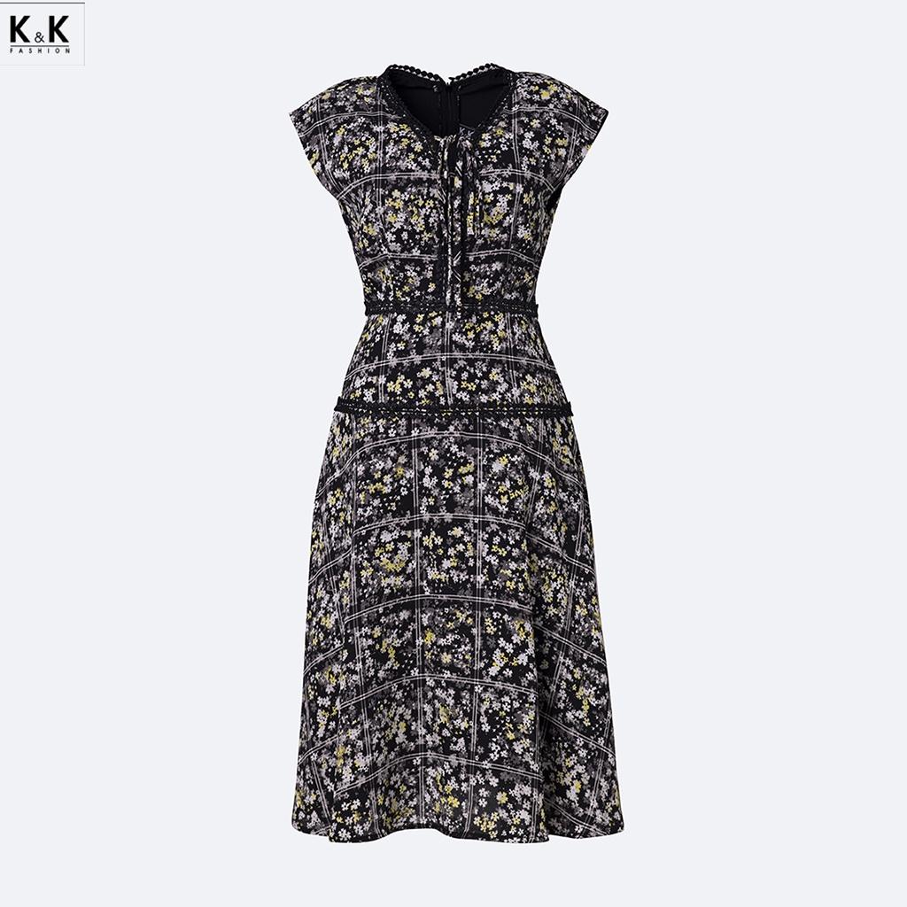 Đầm Xòe Hoa Nhí Phối Đăng Ten K&amp;K Fashion KK120-19 Chất Liệu Lụa Champa