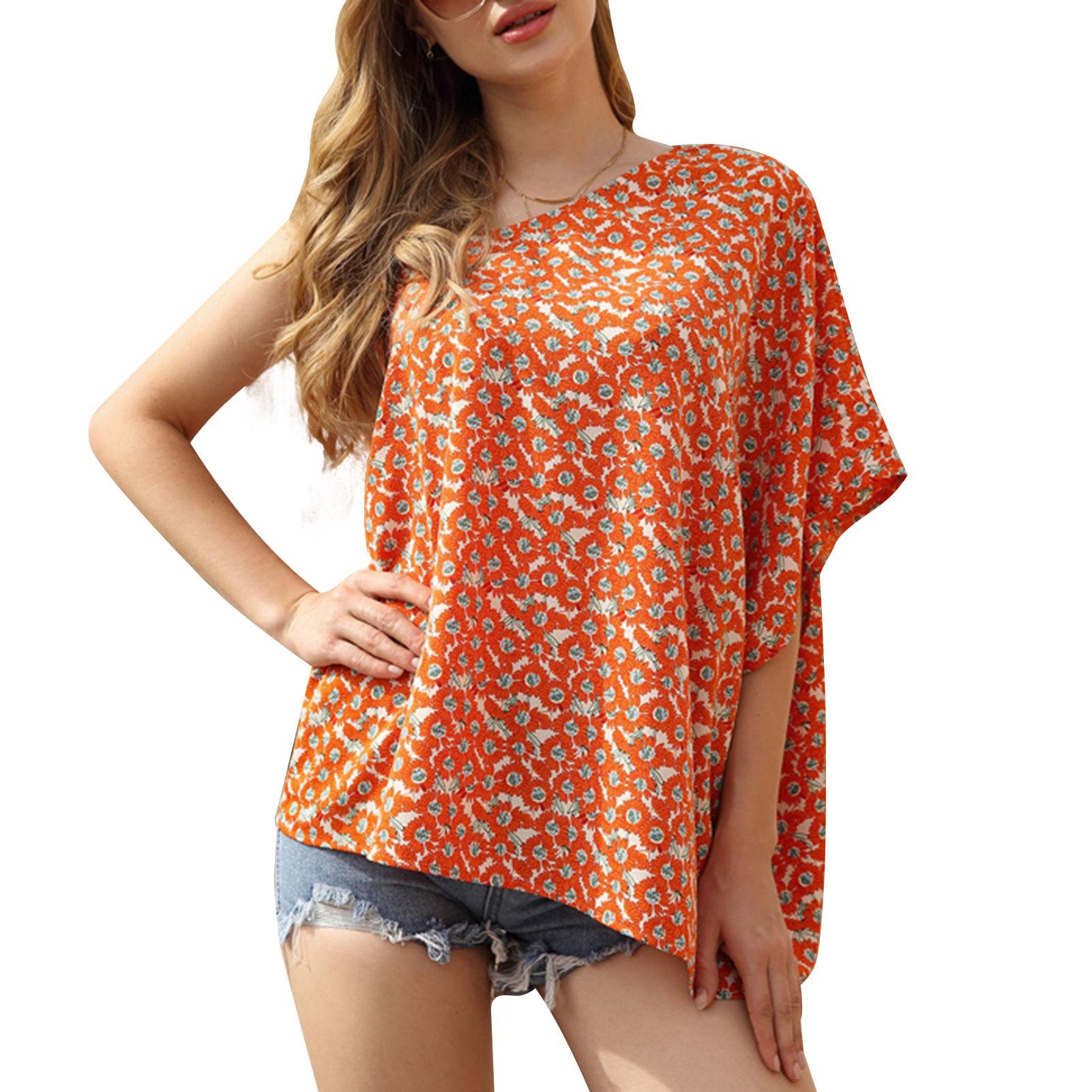 Vintage Women One-Shoulder Floral Shirt Batwing Short Sleeve Pullover Loose Casual Summer Tops