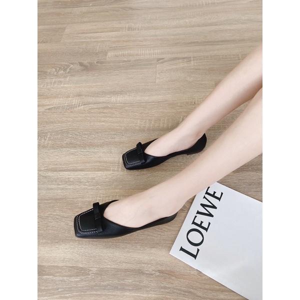 Giày Búp Bê Nữ Đế Bệt Mũi Vuông Đính Nơ Da Mềm Êm Chống Trơn. Sẵn Đen và Nâu cực xinh lên chân tiểu thư lắm ạ