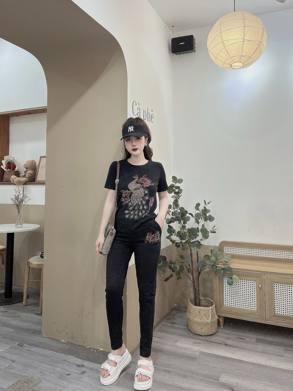 Đồ bộ thun cotton dài đính đá hình chim công siêu sang