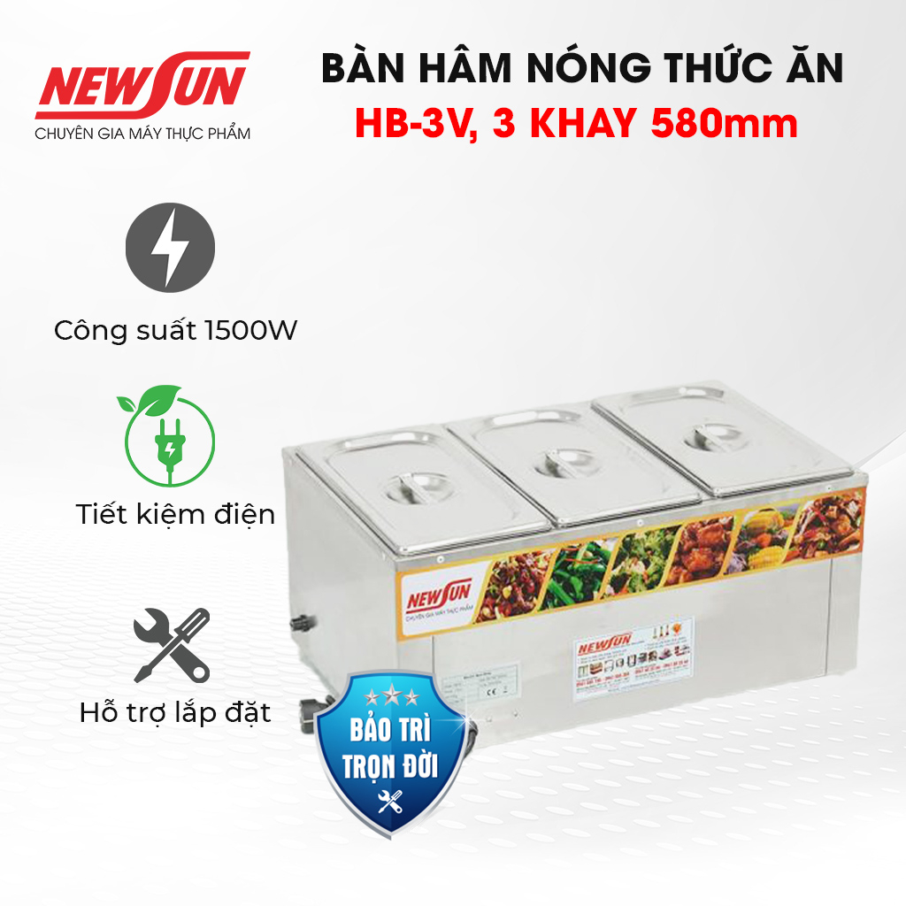 Bàn hâm nóng thức ăn HB-3V thiết kế 3 khay 580mm tiện lợi NEWSUN - Hàng chính hãng