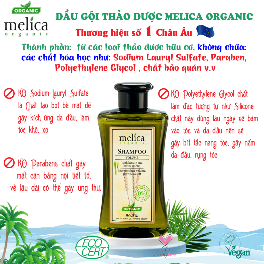 Dầu gội thảo dược hữu cơ ngừa rụng tóc, kích thích mọc móc Melica Organic 300ml Keratin và Protein thủy phân
