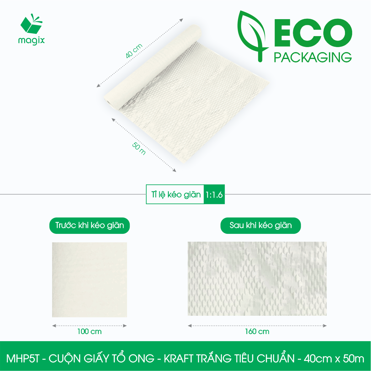 MHP5T - 40cm x 50m - Cuộn giấy tổ ong gói quà, gói hàng chống sốc - Kraft trắng kem Tiêu Chuẩn