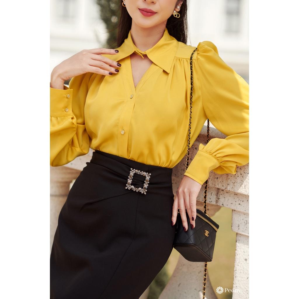Áo sơ mi nữ cổ đức công sở tông vàng rực rỡ, cổ khoét tinh tế, vai bồng tiểu thư Peony - TENSIA TOP